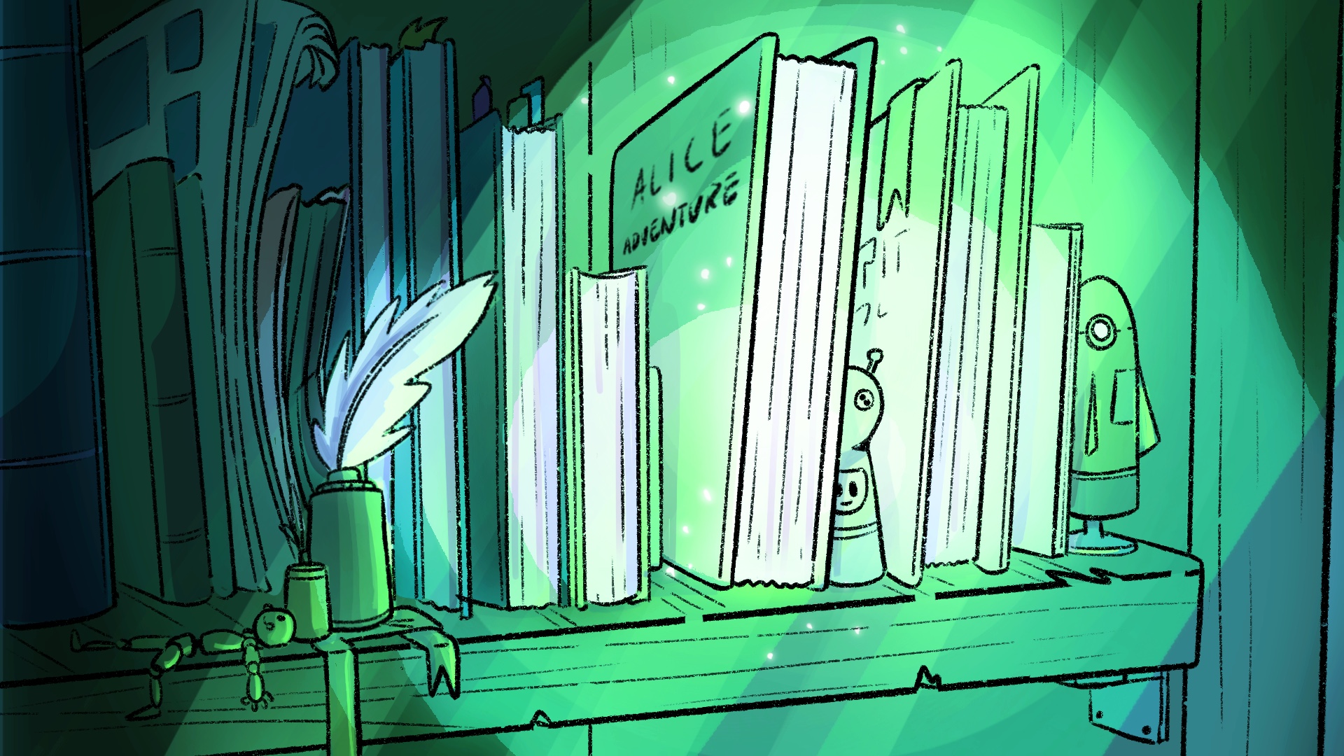 Digital drawing of a magical bookcase, glowing green. 