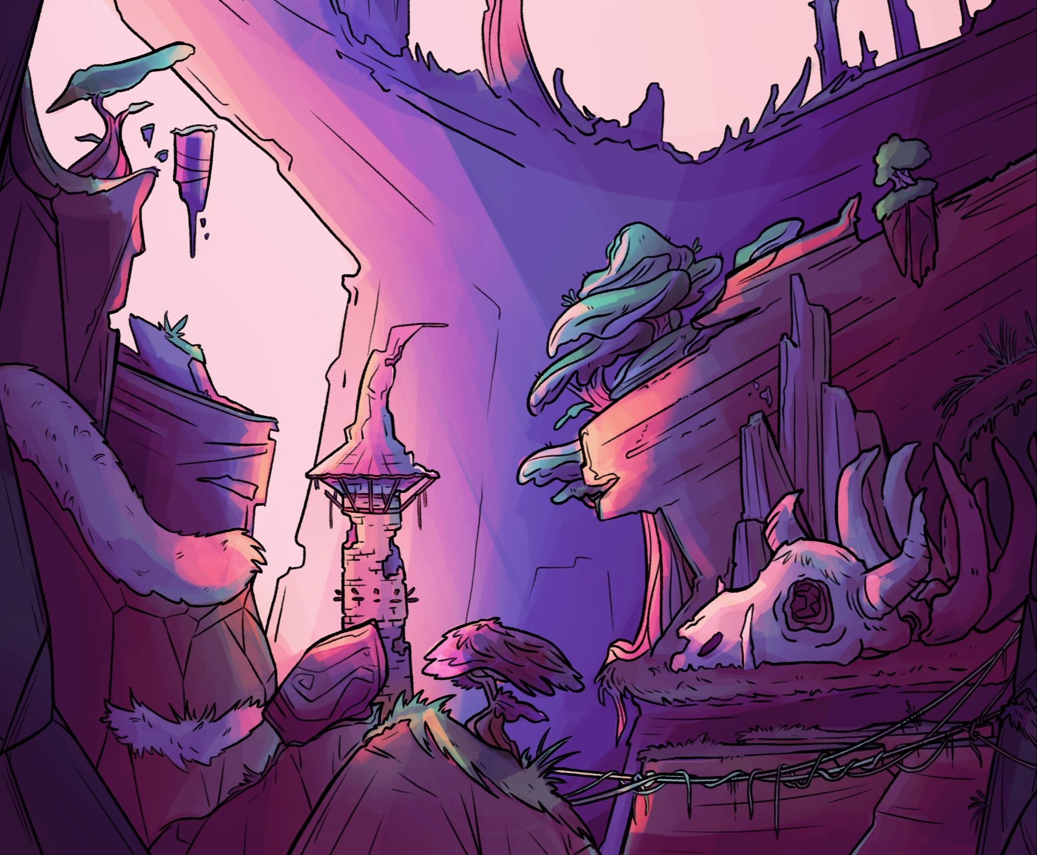 Digital drawing of a magical place, where dragon skull and a broken castle lies